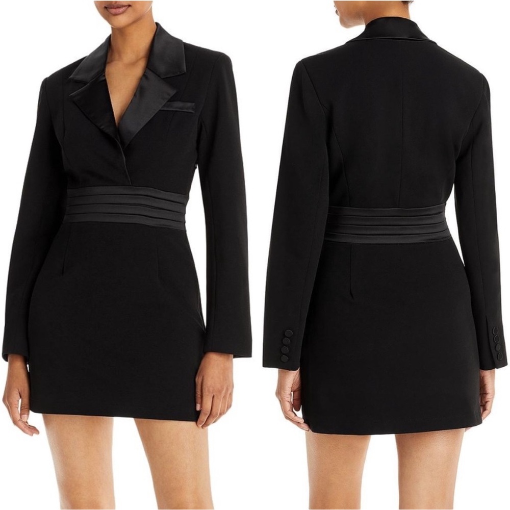 Aqua Black Satin-Trim Blazer Dress